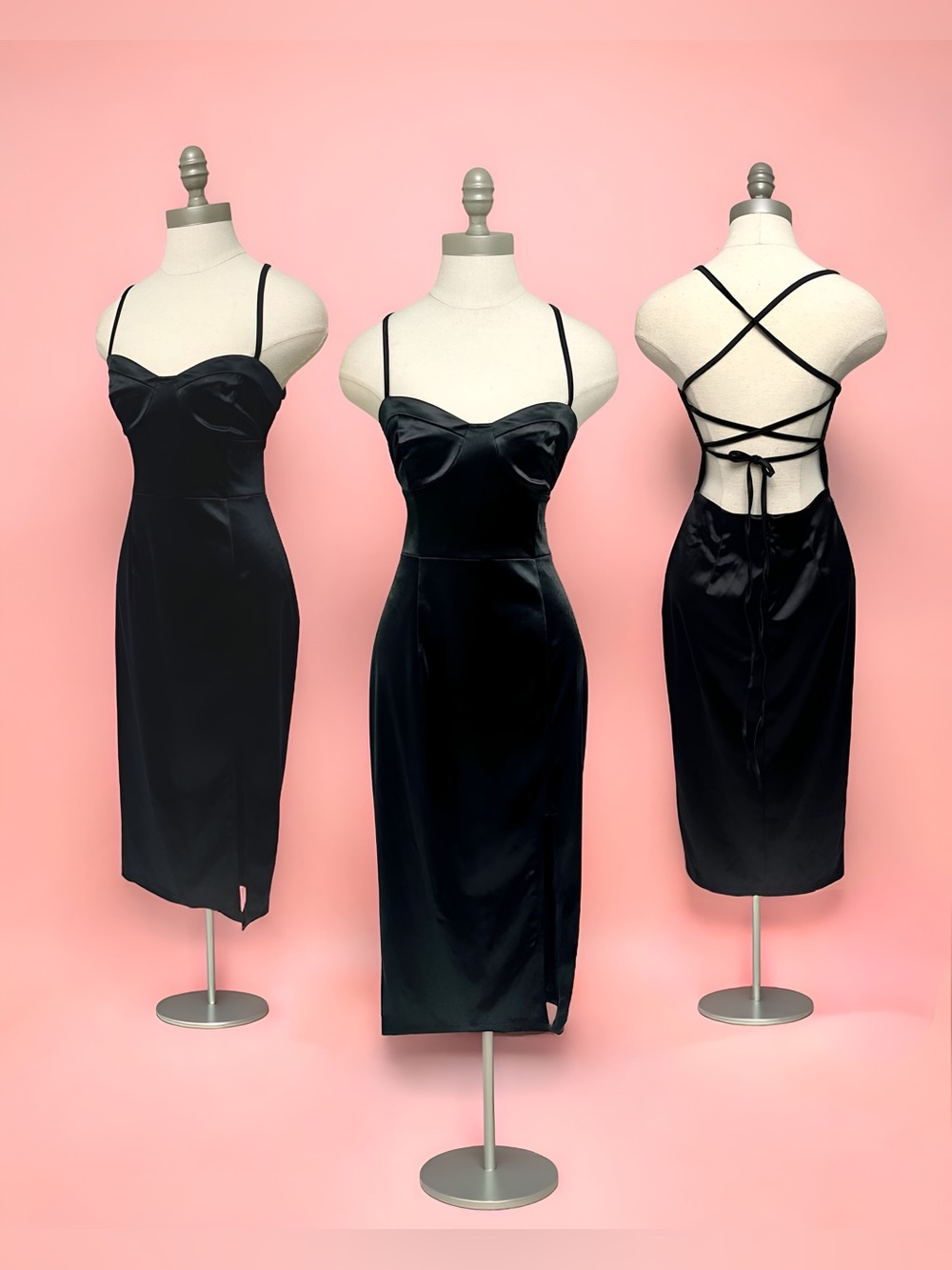 Boohoo Black Satin Strappy Back Midi Dress